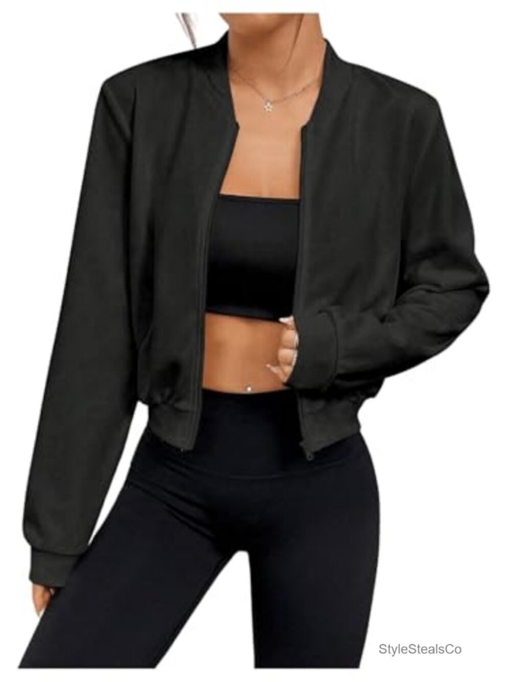 Cropped Bomber Jacket Lightweight Zip Up Casual